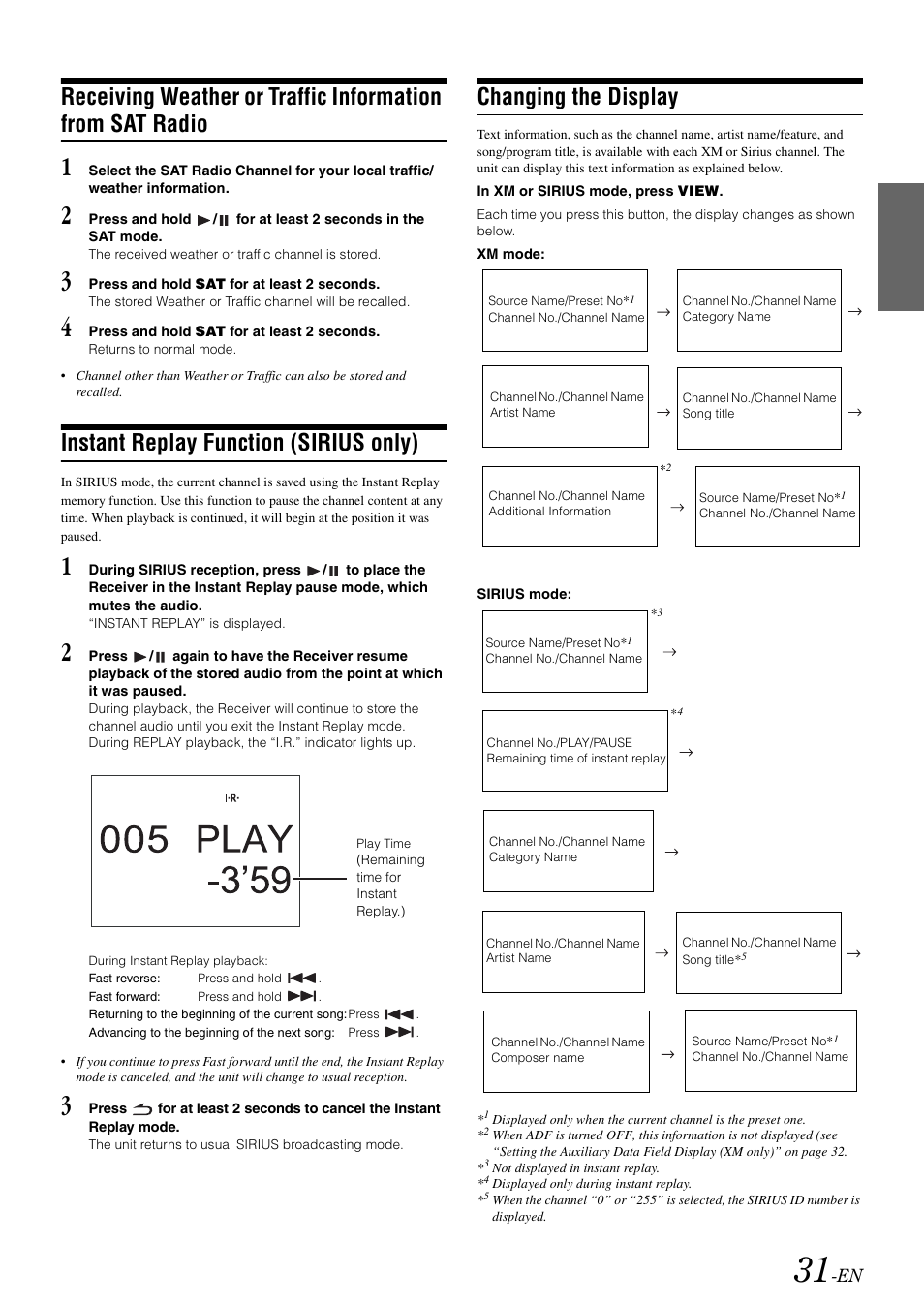 Instant replay function (sirius only), Changing the display, Receiving weather or traffic information from | Sat radio | Alpine CDA-118M User Manual | Page 33 / 51