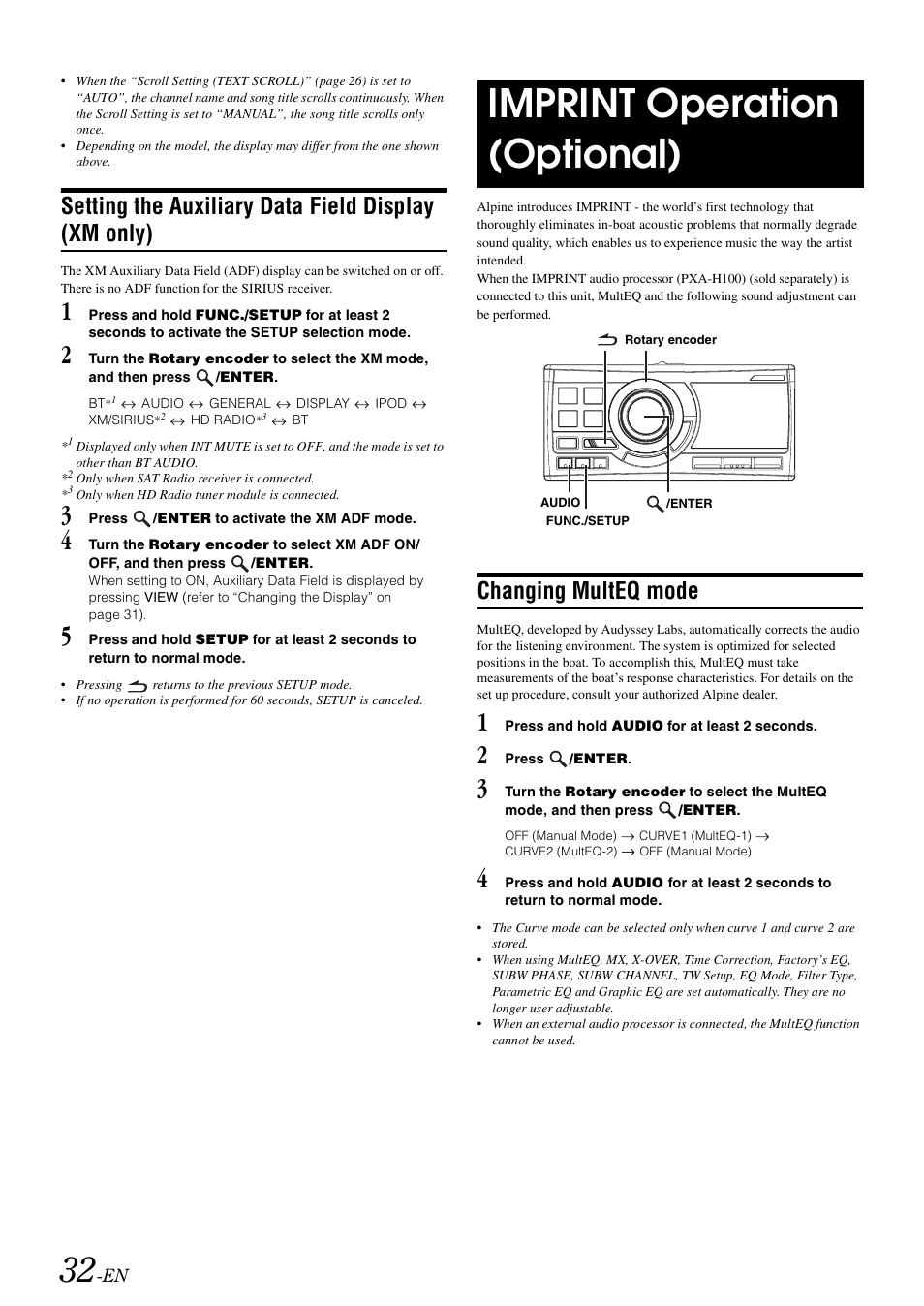 Setting the auxiliary data field display (xm only), Imprint operation (optional), Changing multeq mode | Setting the auxiliary data field display, Xm only) | Alpine CDA-118M User Manual | Page 34 / 51