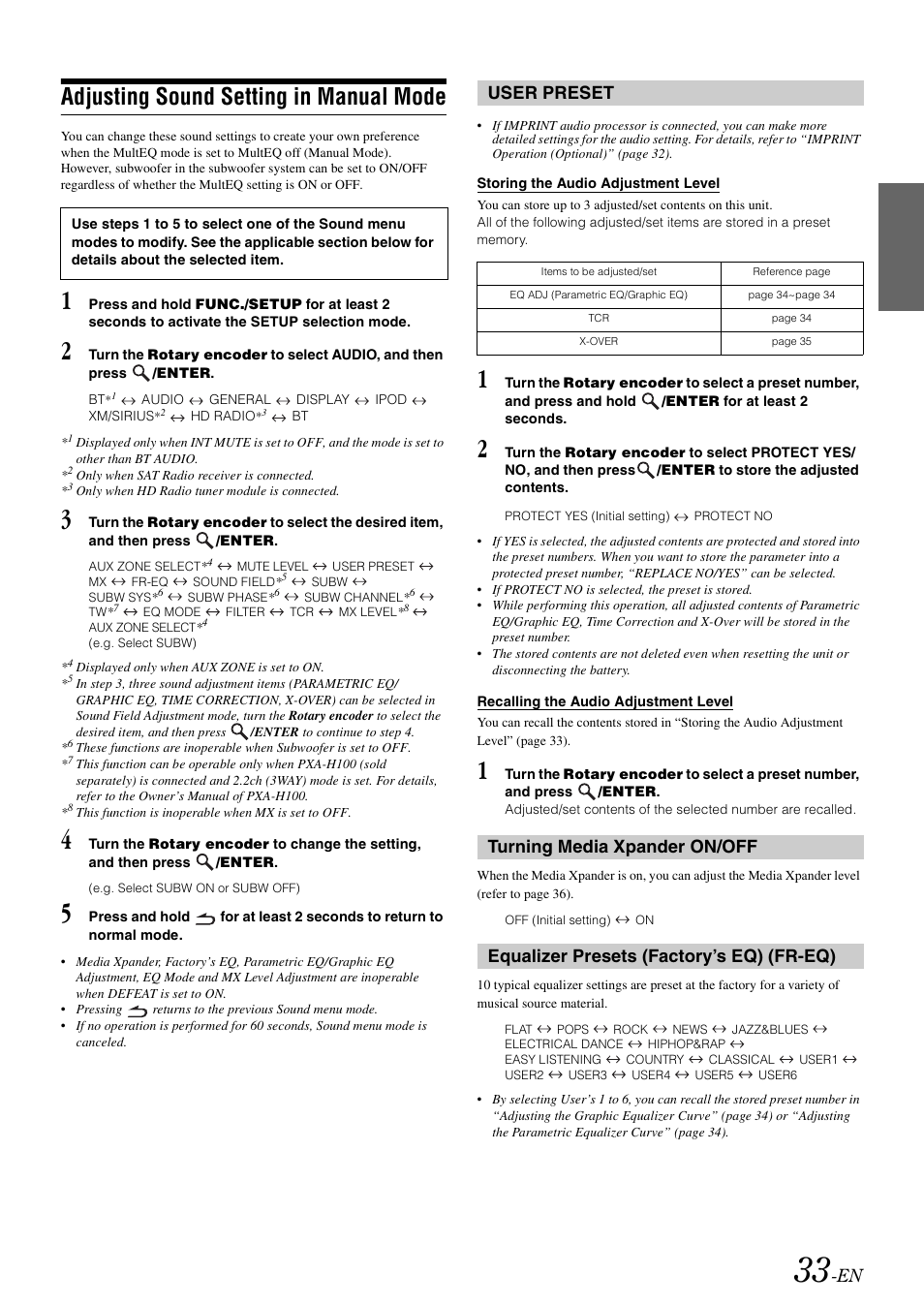 Adjusting sound setting in manual mode, User preset, Storing the audio adjustment level | Recalling the audio adjustment level, Turning media xpander on/off, Equalizer presets (factory’s eq) (fr-eq), Fr-eq) | Alpine CDA-118M User Manual | Page 35 / 51