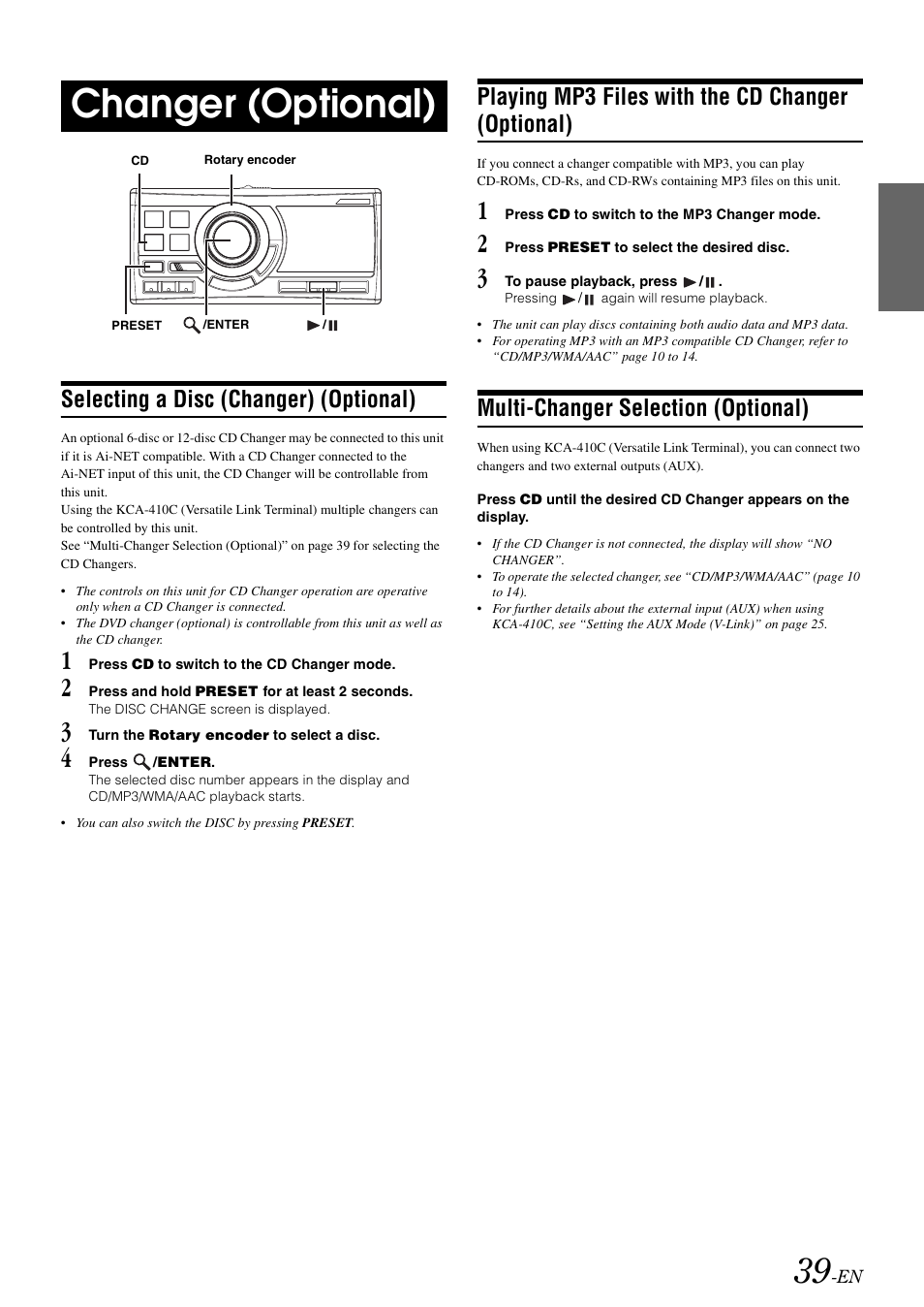 Changer (optional), Selecting a disc (changer) (optional), Playing mp3 files with the cd changer (optional) | Multi-changer selection (optional), Playing mp3 files with the cd changer, Optional) | Alpine CDA-118M User Manual | Page 41 / 51