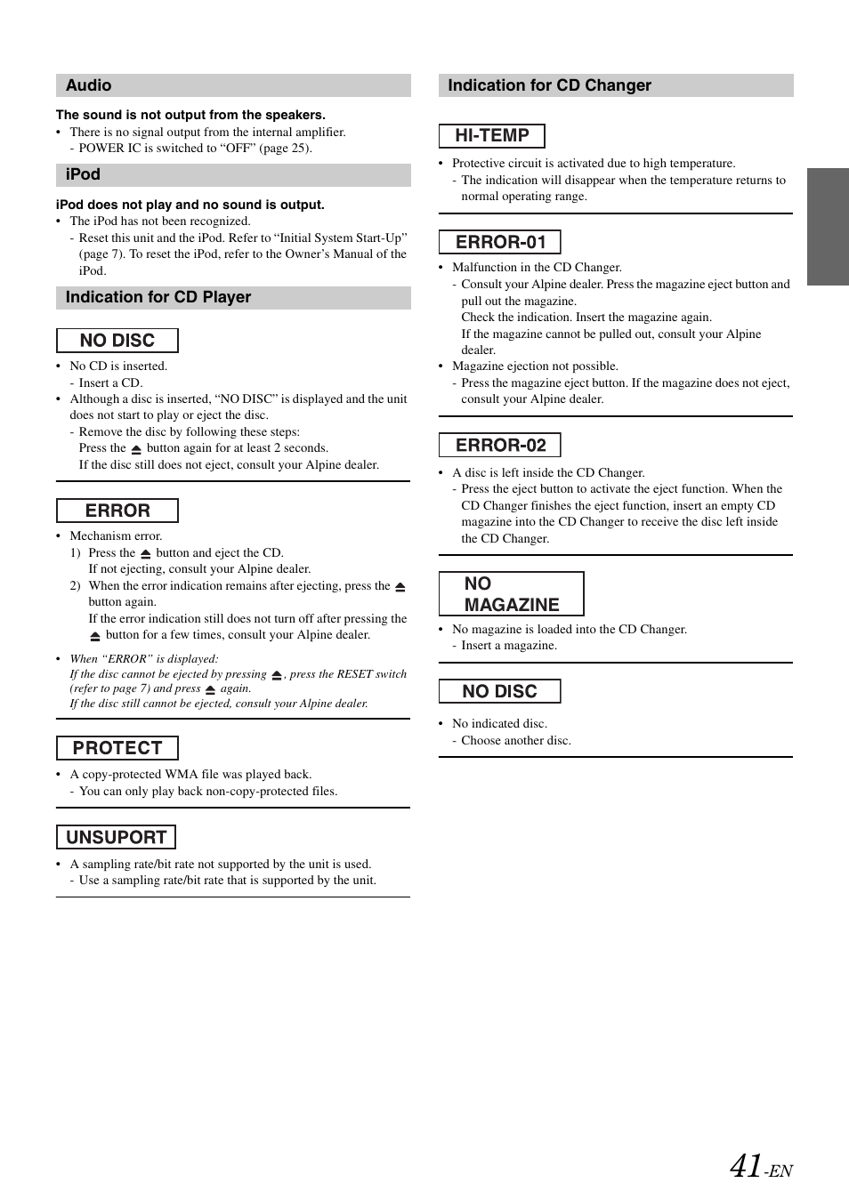 Hi-temp no magazine | Alpine CDA-118M User Manual | Page 43 / 51