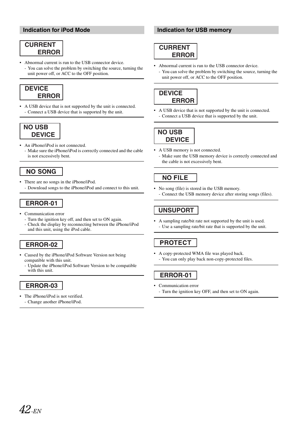 Current error device error no usb device 3, Current error device error no usb device unsuport | Alpine CDA-118M User Manual | Page 44 / 51