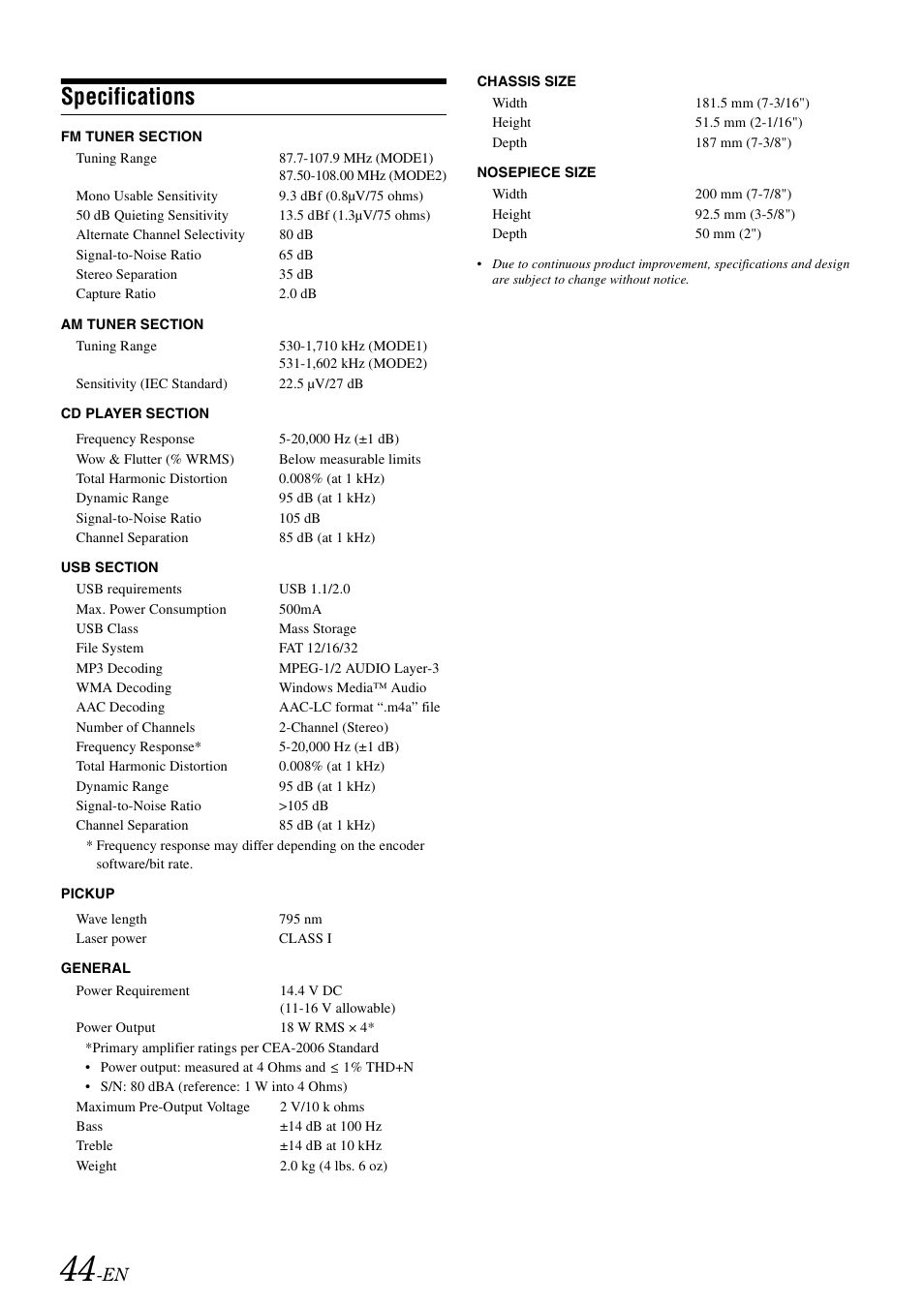 Specifications | Alpine CDA-118M User Manual | Page 46 / 51