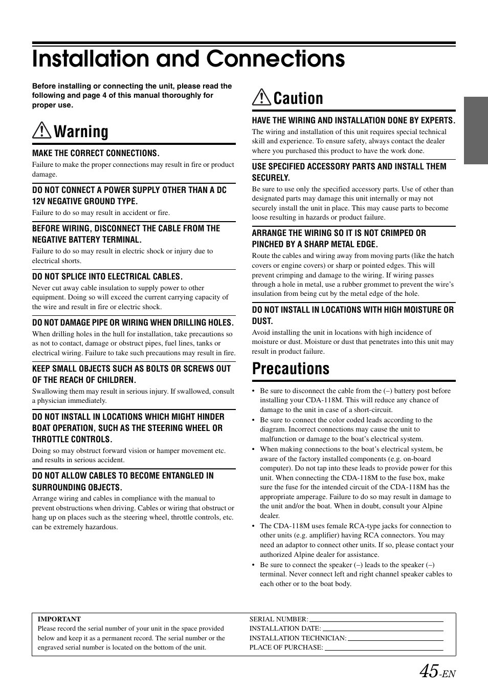 Installation and connections, Warning, Caution | Precautions | Alpine CDA-118M User Manual | Page 47 / 51