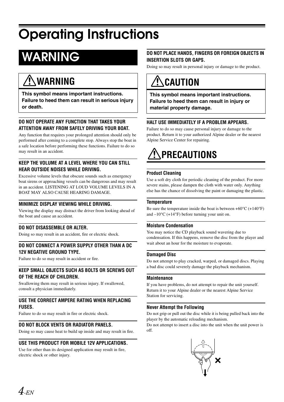 Operating instructions, Warning, Caution | Precautions | Alpine CDA-118M User Manual | Page 6 / 51