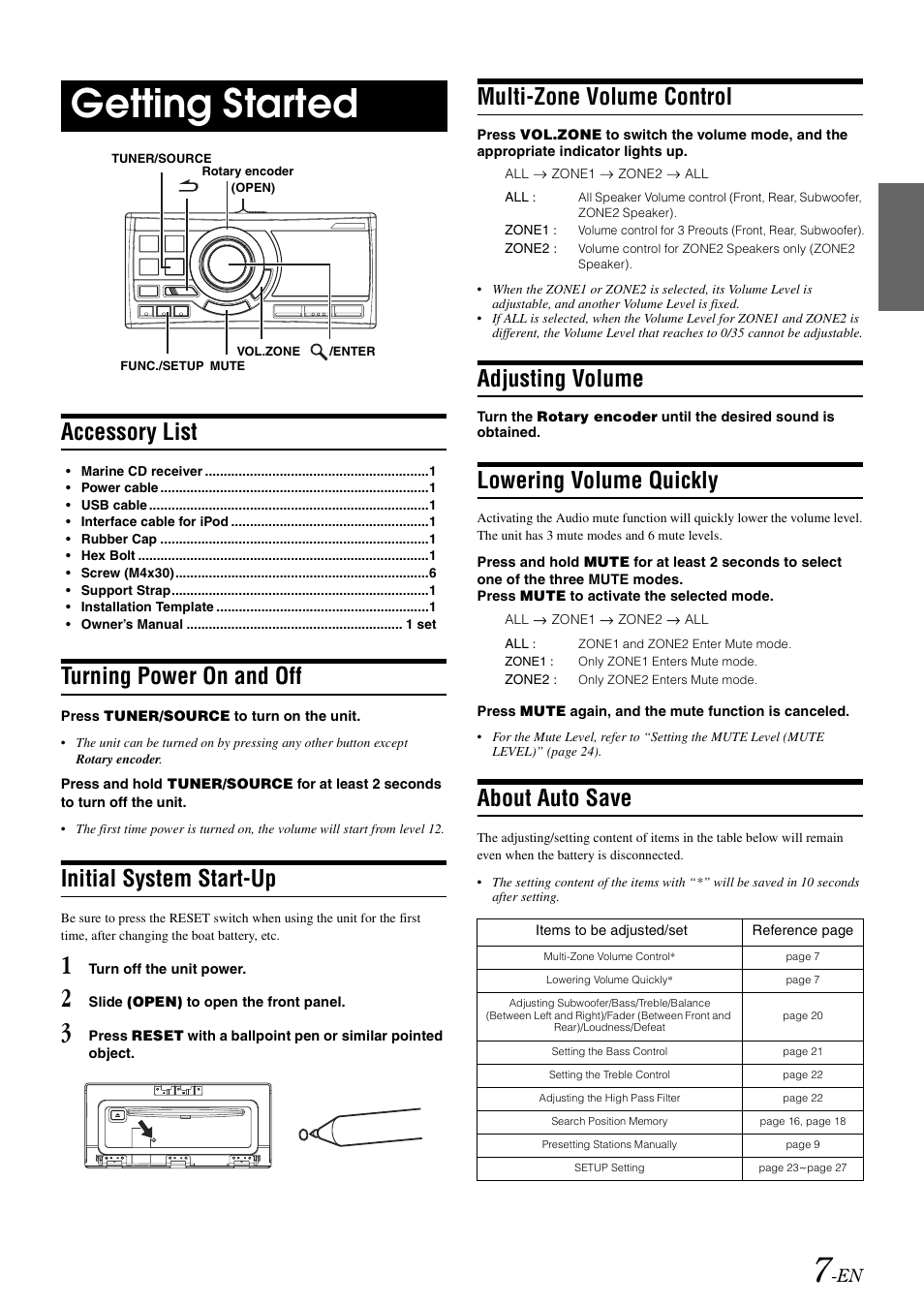 Getting started, Accessory list, Turning power on and off | Initial system start-up, Multi-zone volume control, Adjusting volume, Lowering volume quickly, About auto save | Alpine CDA-118M User Manual | Page 9 / 51