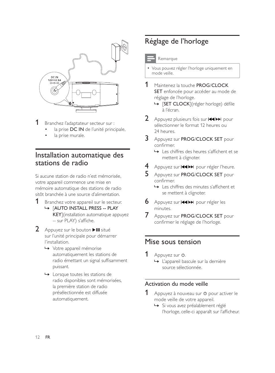 Réglage de l’horloge, Mise sous tension 1, Installation automatique des stations de radio | Philips Élégante microchaîne User Manual | Page 100 / 180