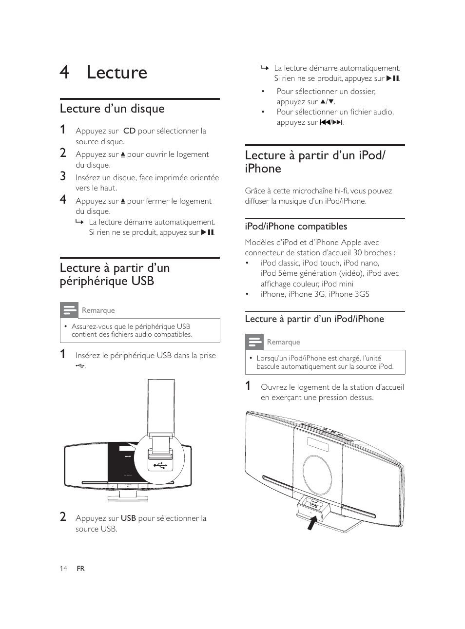4 lecture, Lecture à partir d’un ipod/ iphone, Lecture d’un disque 1 | Lecture à partir d’un périphérique usb | Philips Élégante microchaîne User Manual | Page 102 / 180