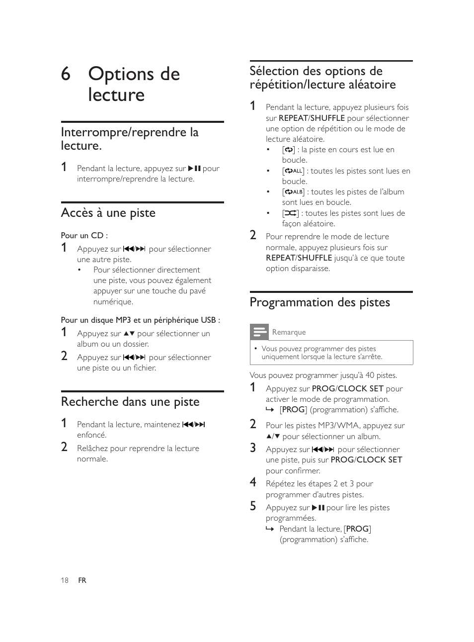 6 options de lecture, Programmation des pistes, Interrompre/reprendre la lecture. 1 | Accès à une piste, Recherche dans une piste 1 | Philips Élégante microchaîne User Manual | Page 106 / 180