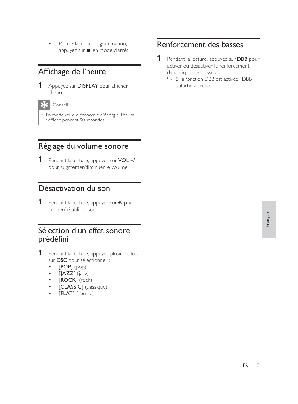 Renforcement des basses 1, Iàfkdjhgho·khxuh 1, Réglage du volume sonore 1 | Désactivation du son 1, Sélection d’un effet sonore supgpàql 1 | Philips Élégante microchaîne User Manual | Page 107 / 180