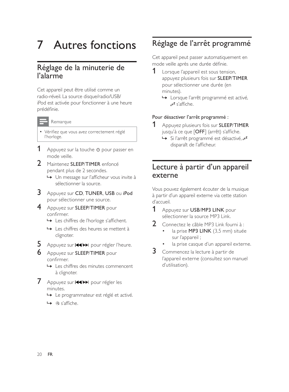 7 autres fonctions, Réglage de l’arrêt programmé, Lecture à partir d’un appareil externe | Réglage de la minuterie de l’alarme | Philips Élégante microchaîne User Manual | Page 108 / 180