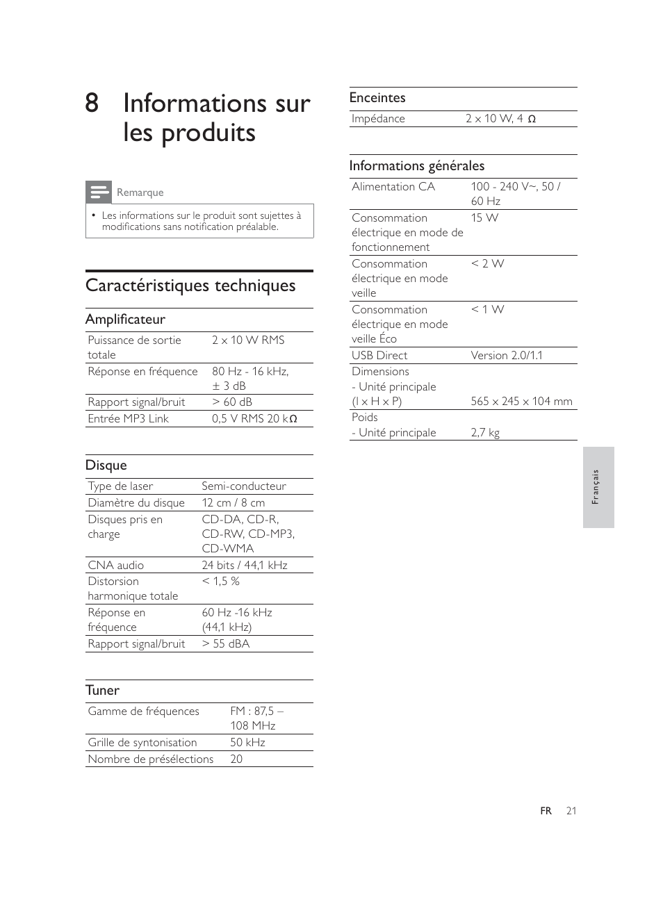 8 informations sur les produits, Caractéristiques techniques | Philips Élégante microchaîne User Manual | Page 109 / 180