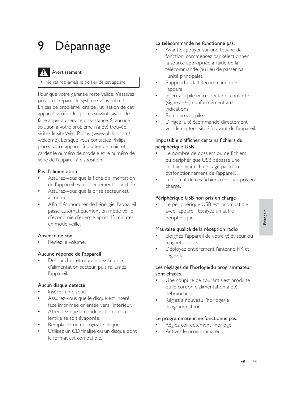 9 dépannage | Philips Élégante microchaîne User Manual | Page 111 / 180