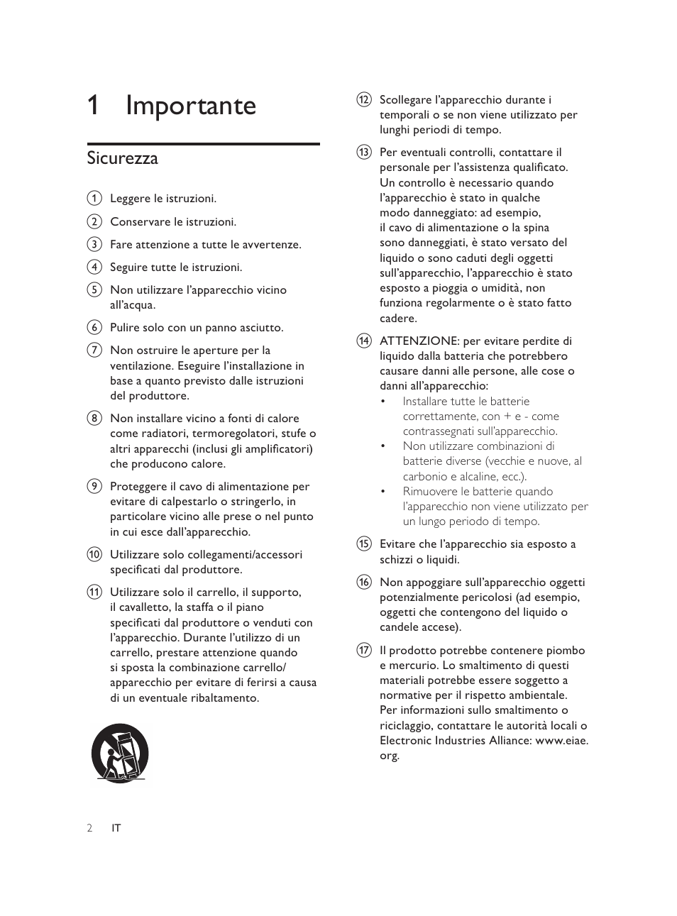 1 importante, Sicurezza | Philips Élégante microchaîne User Manual | Page 113 / 180