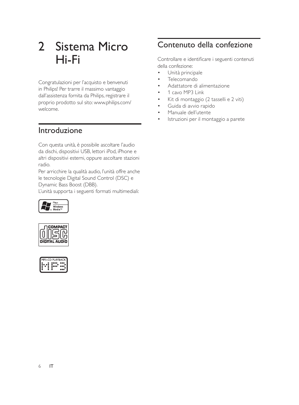 2 sistema micro hi-fi, Contenuto della confezione, Introduzione | Philips Élégante microchaîne User Manual | Page 117 / 180