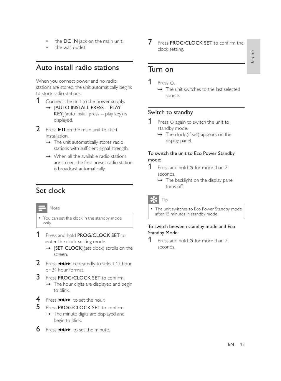 Turn on 1, Auto install radio stations, Set clock | Philips Élégante microchaîne User Manual | Page 12 / 180