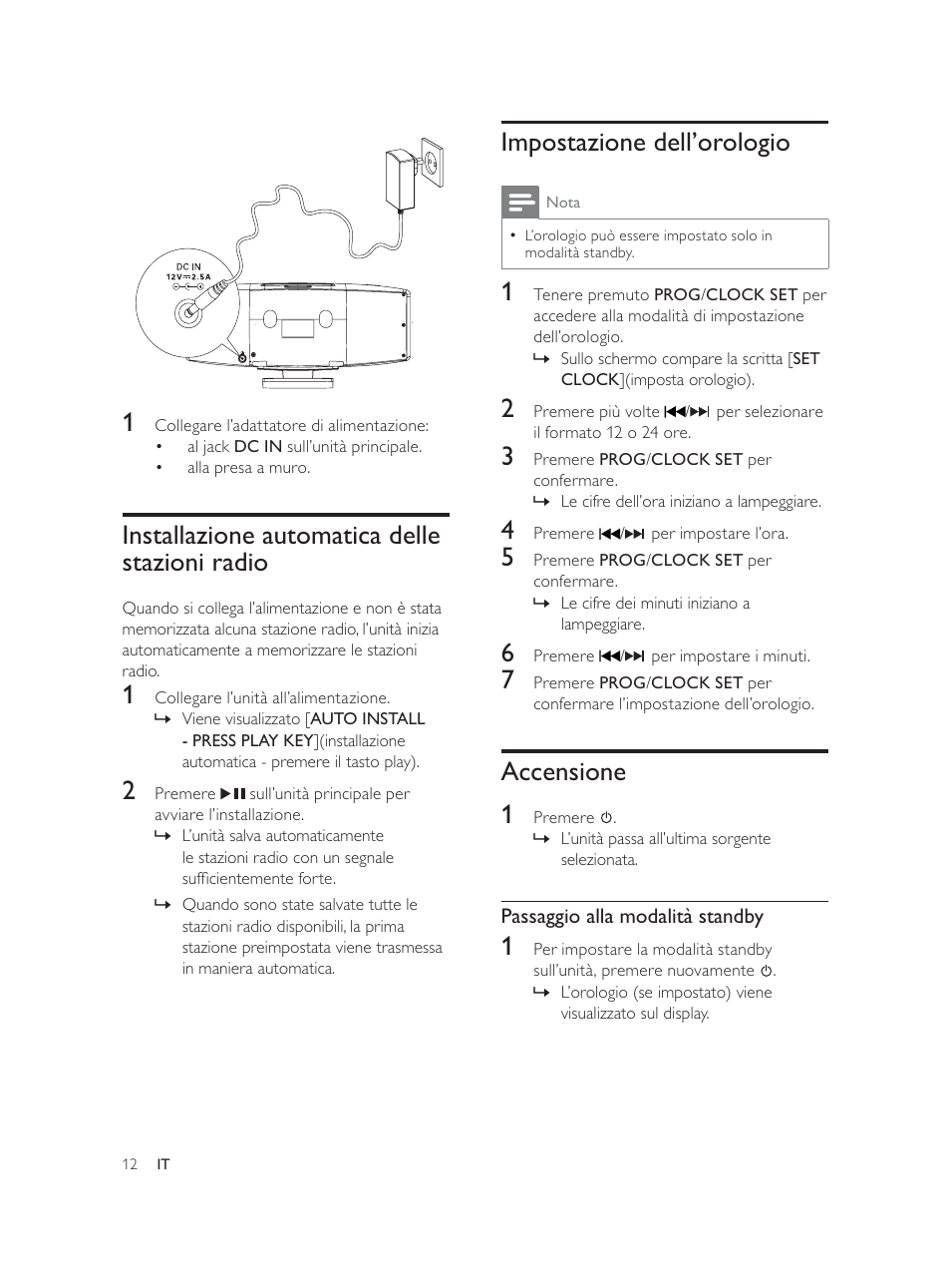 Impostazione dell’orologio, Accensione 1, Installazione automatica delle stazioni radio | Philips Élégante microchaîne User Manual | Page 123 / 180