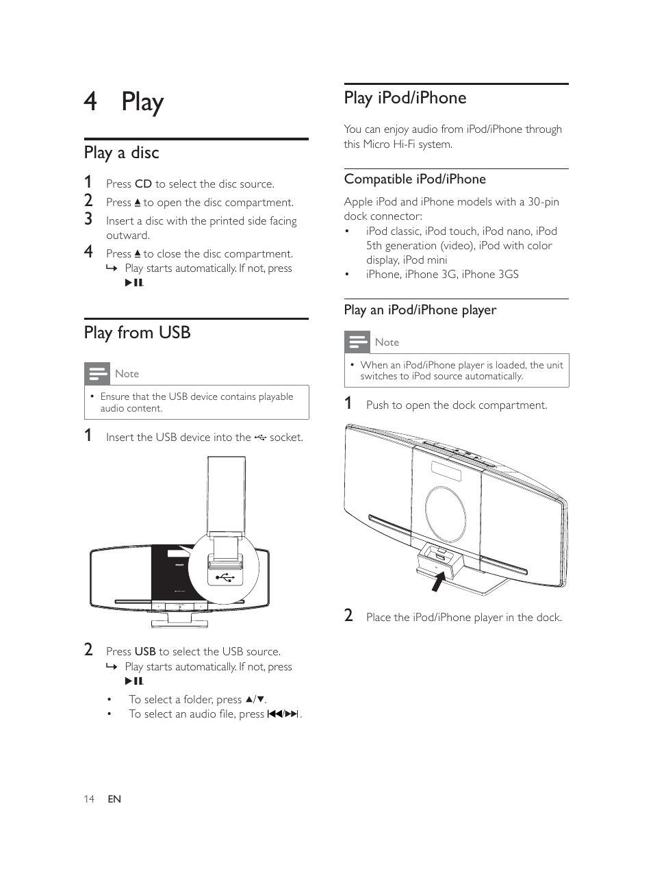 4 play, Play ipod/iphone, Play a disc 1 | Play from usb | Philips Élégante microchaîne User Manual | Page 13 / 180