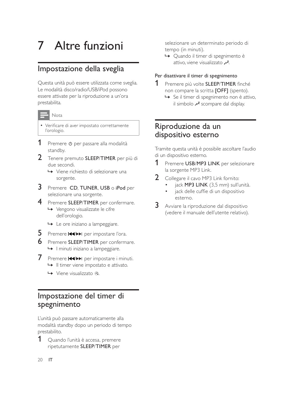 7 altre funzioni, Riproduzione da un dispositivo esterno, Impostazione della sveglia | Impostazione del timer di spegnimento | Philips Élégante microchaîne User Manual | Page 131 / 180