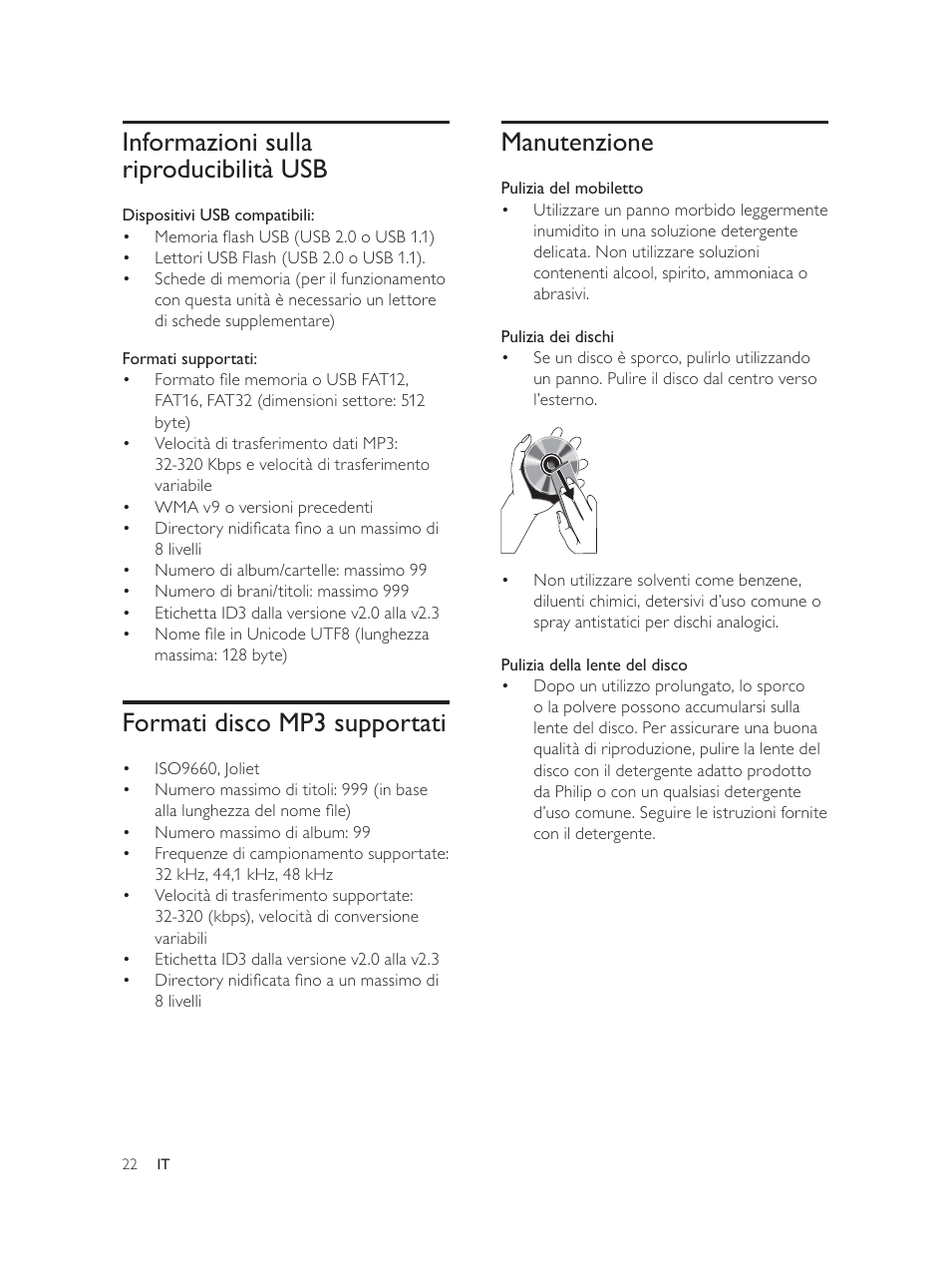 Manutenzione, Informazioni sulla riproducibilità usb, Formati disco mp3 supportati | Philips Élégante microchaîne User Manual | Page 133 / 180