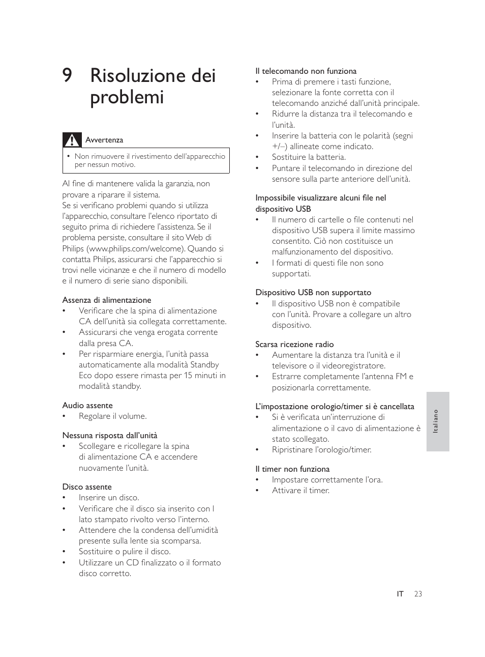 9 risoluzione dei problemi | Philips Élégante microchaîne User Manual | Page 134 / 180