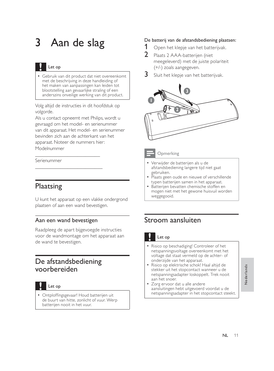 3 aan de slag, Stroom aansluiten, Plaatsing | De afstandsbediening voorbereiden | Philips Élégante microchaîne User Manual | Page 146 / 180