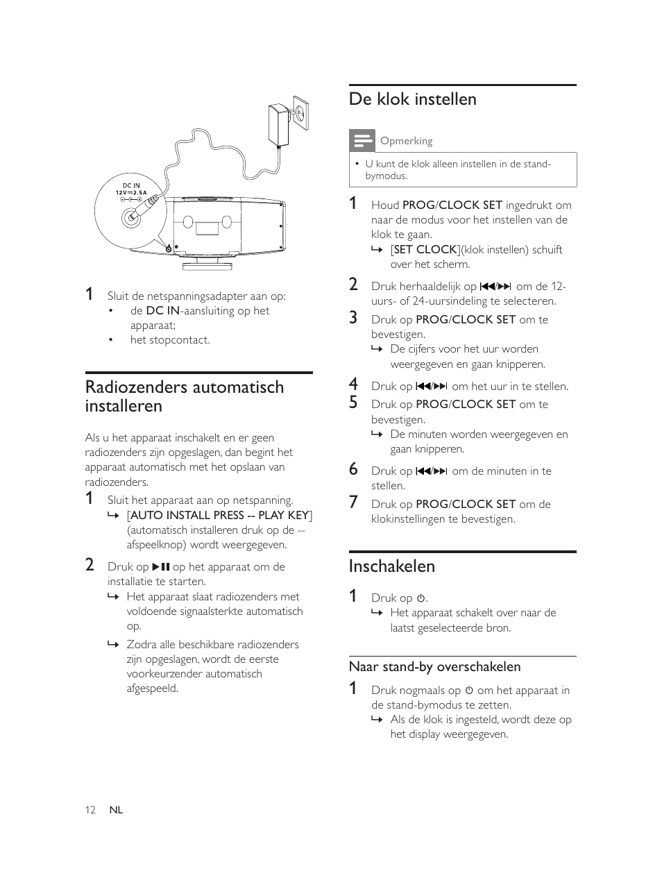 De klok instellen, Inschakelen 1, Radiozenders automatisch installeren | Philips Élégante microchaîne User Manual | Page 147 / 180