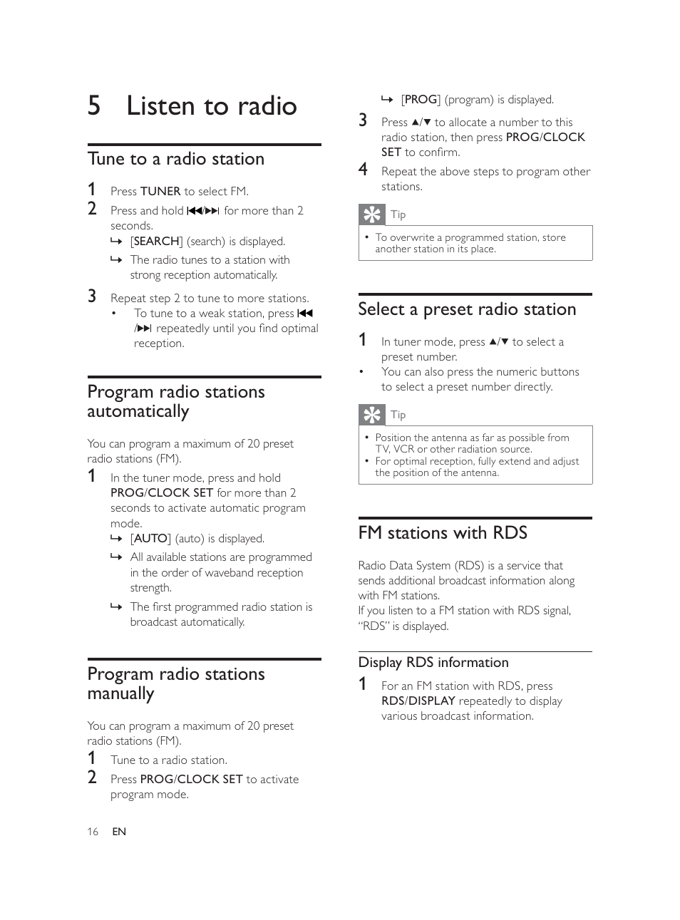 5 listen to radio, Select a preset radio station 1, Fm stations with rds | Tune to a radio station 1, Program radio stations automatically, Program radio stations manually | Philips Élégante microchaîne User Manual | Page 15 / 180