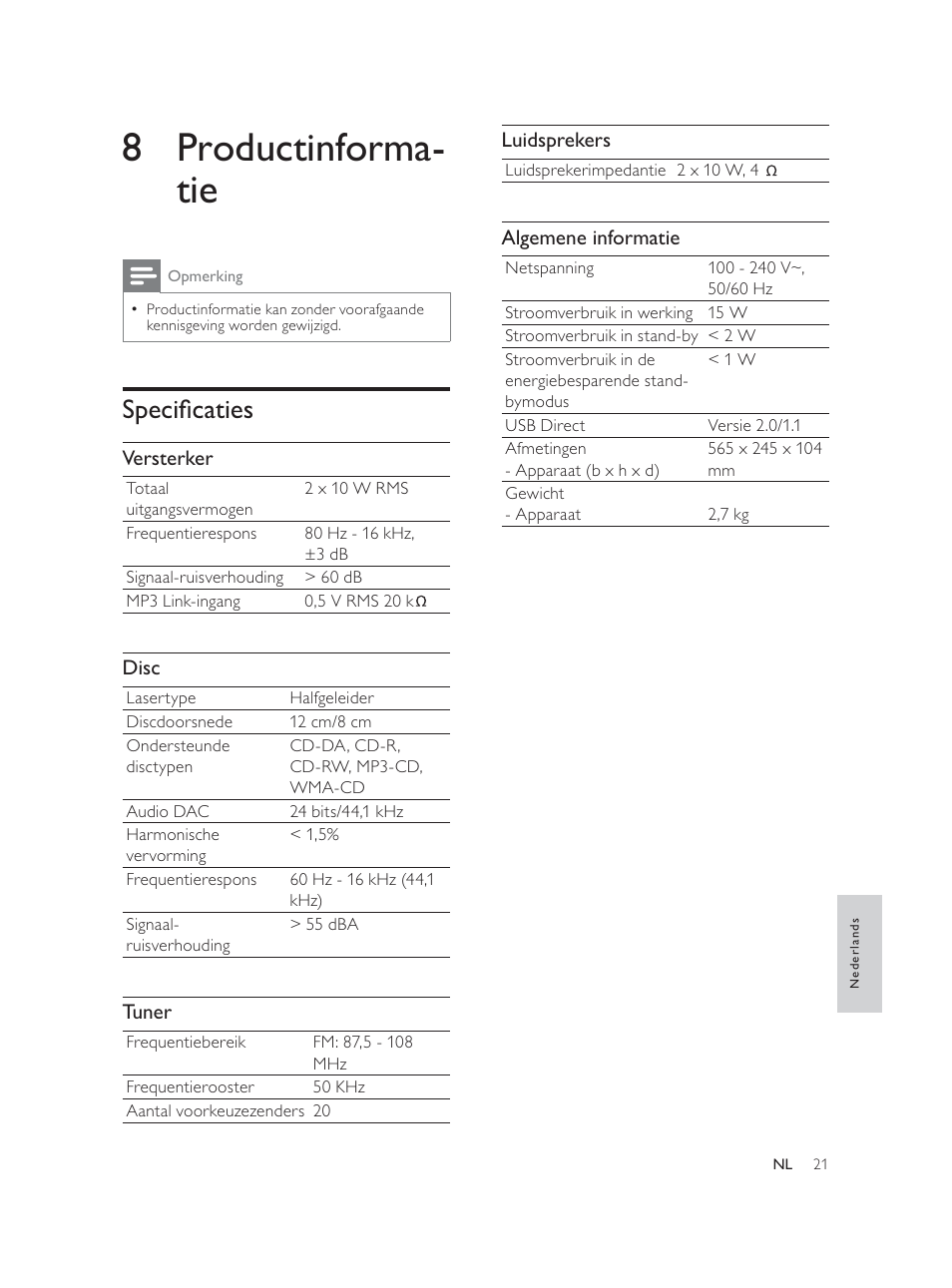 8 productinforma- tie, 6shflàfdwlhv | Philips Élégante microchaîne User Manual | Page 156 / 180
