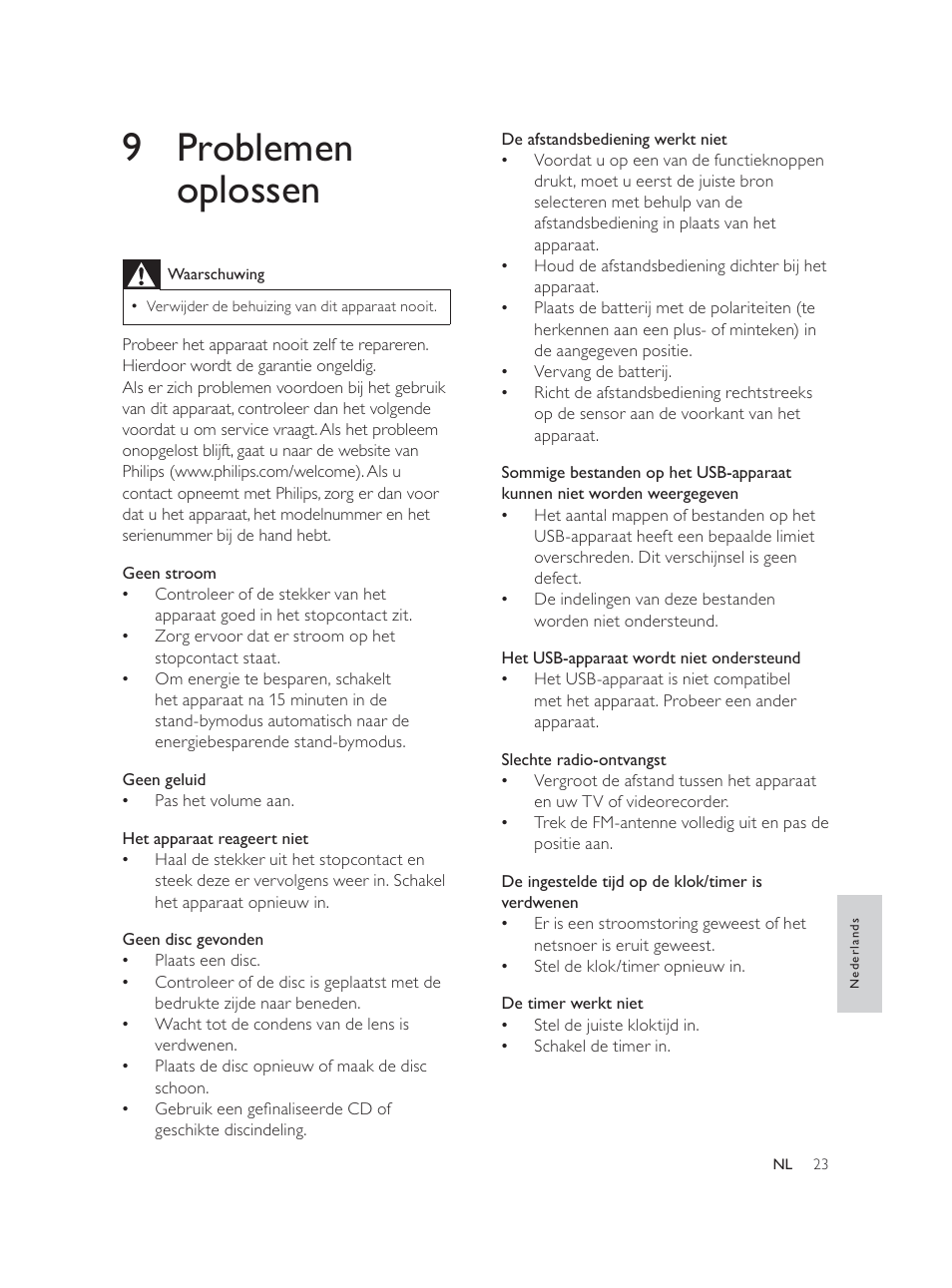 9 problemen oplossen | Philips Élégante microchaîne User Manual | Page 158 / 180
