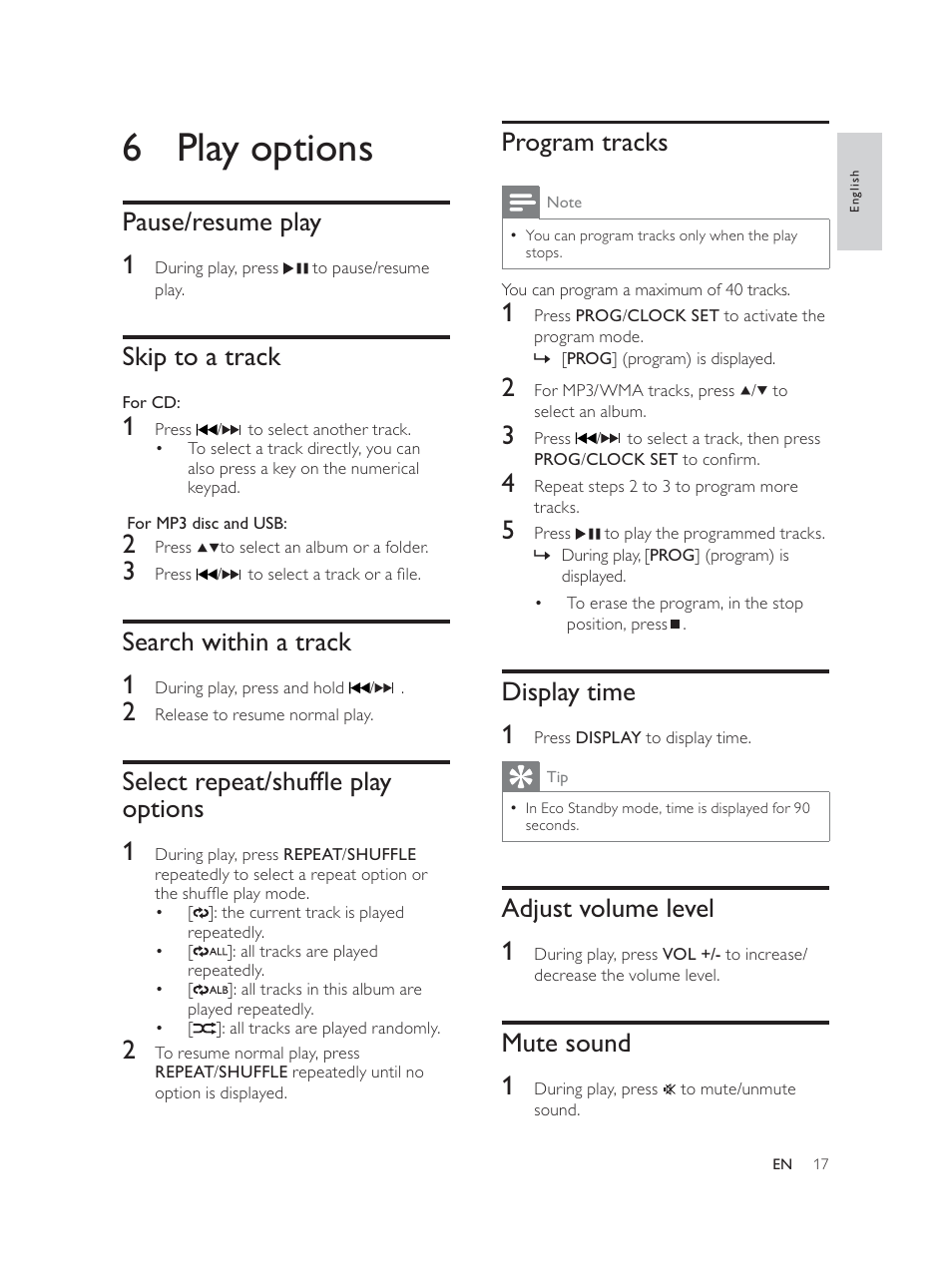 6 play options, Program tracks, Display time 1 | Adjust volume level 1, Mute sound 1, Pause/resume play 1, Skip to a track, Search within a track 1, 6hohfwuhshdwvkxiáhsod\ options 1 | Philips Élégante microchaîne User Manual | Page 16 / 180