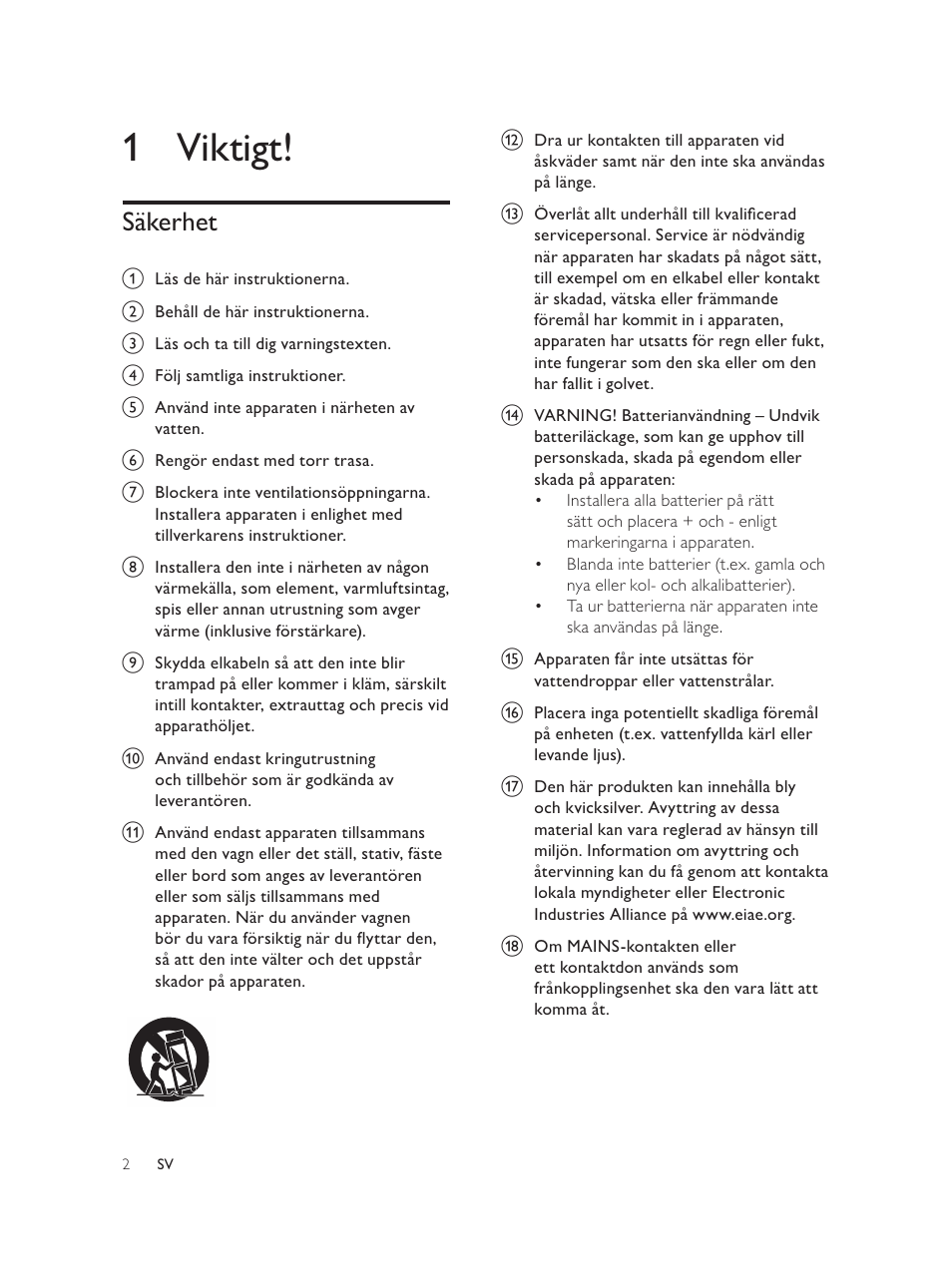 1 viktigt, Säkerhet | Philips Élégante microchaîne User Manual | Page 160 / 180