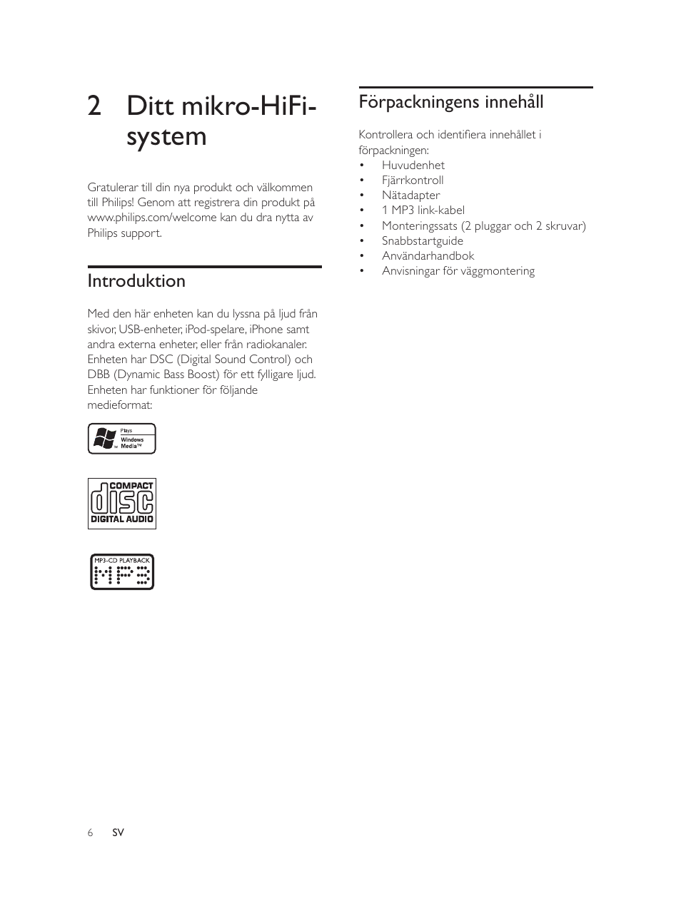 2 ditt mikro-hifi- system, Förpackningens innehåll, Introduktion | Philips Élégante microchaîne User Manual | Page 164 / 180