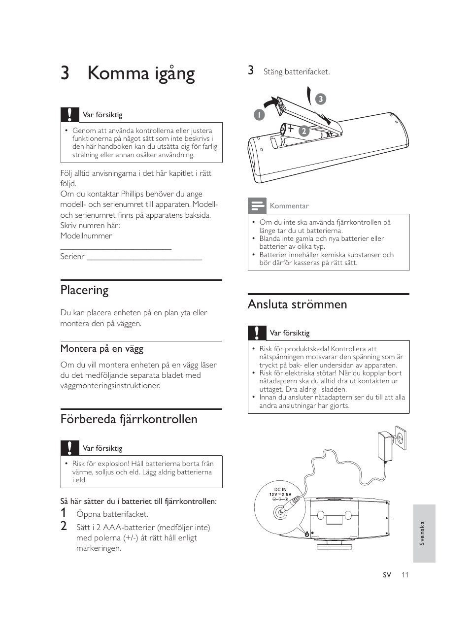 3 komma igång, Ansluta strömmen, Placering | Förbereda fjärrkontrollen | Philips Élégante microchaîne User Manual | Page 169 / 180