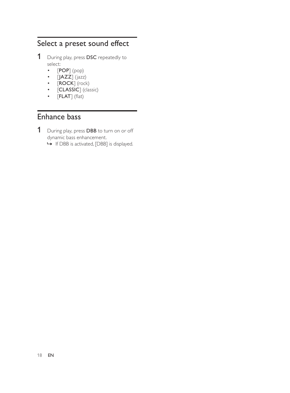 Select a preset sound effect 1, Enhance bass 1 | Philips Élégante microchaîne User Manual | Page 17 / 180