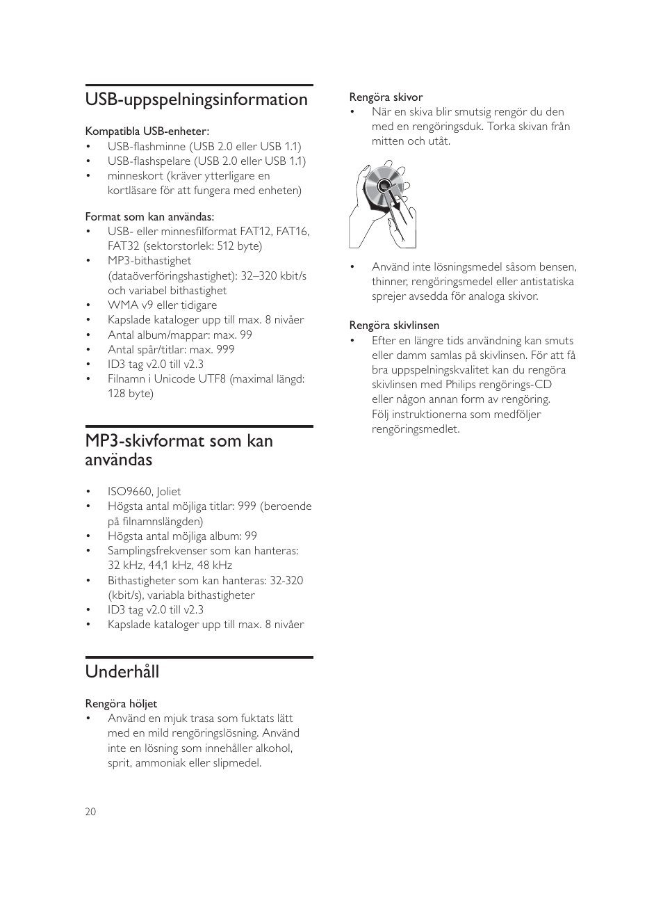 Usb-uppspelningsinformation, Mp3-skivformat som kan användas, Underhåll | Philips Élégante microchaîne User Manual | Page 178 / 180
