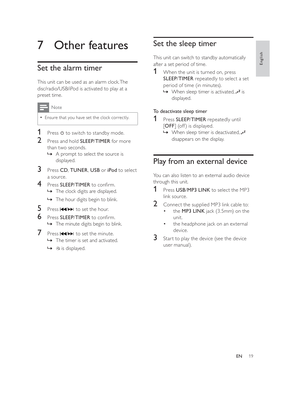 7 other features, Set the sleep timer, Play from an external device | Set the alarm timer | Philips Élégante microchaîne User Manual | Page 18 / 180