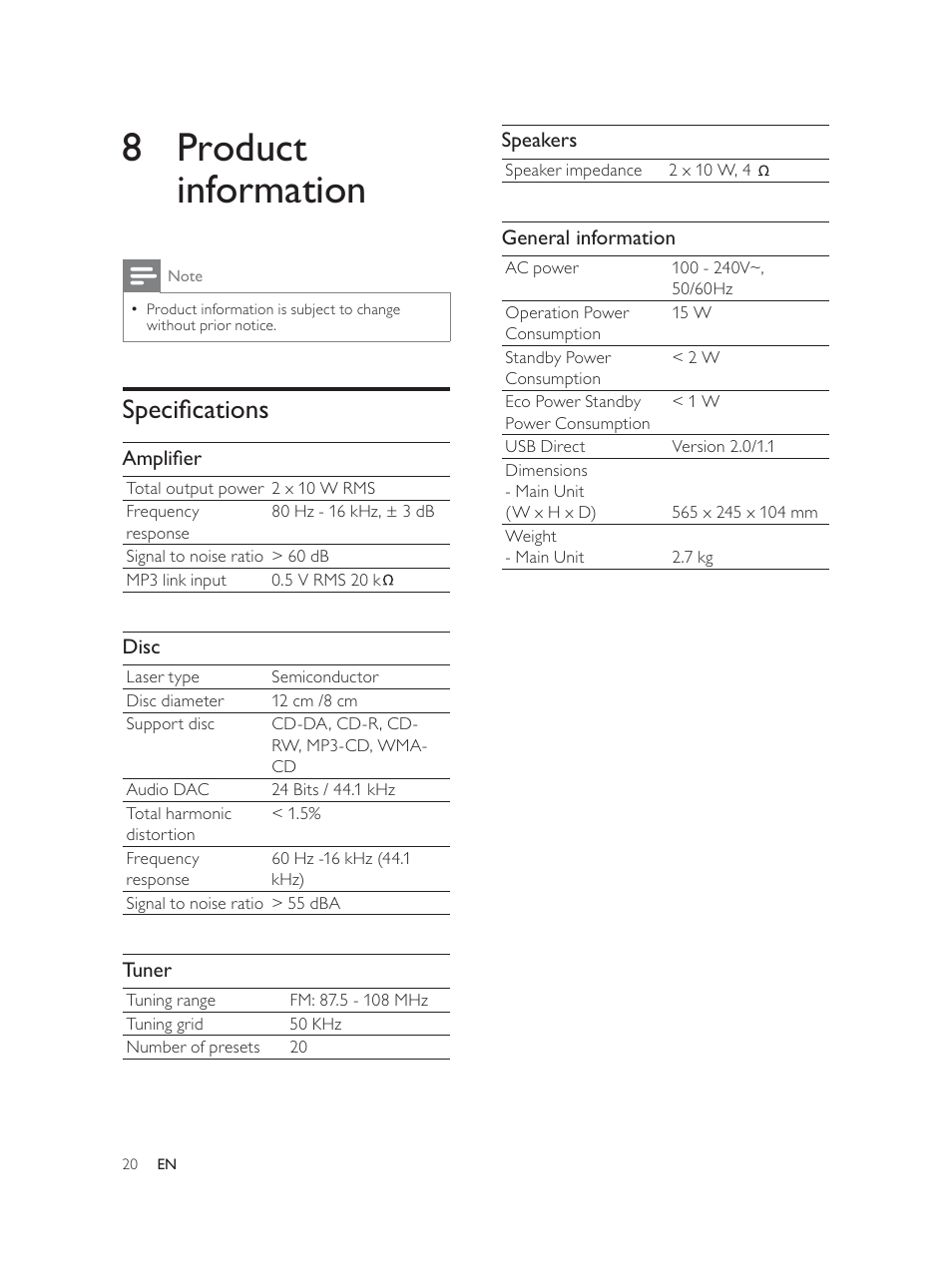 8 product information, 6shflàfdwlrqv | Philips Élégante microchaîne User Manual | Page 19 / 180