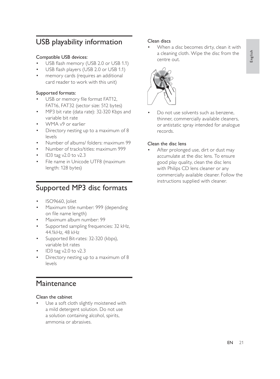 Usb playability information, Supported mp3 disc formats, Maintenance | Philips Élégante microchaîne User Manual | Page 20 / 180