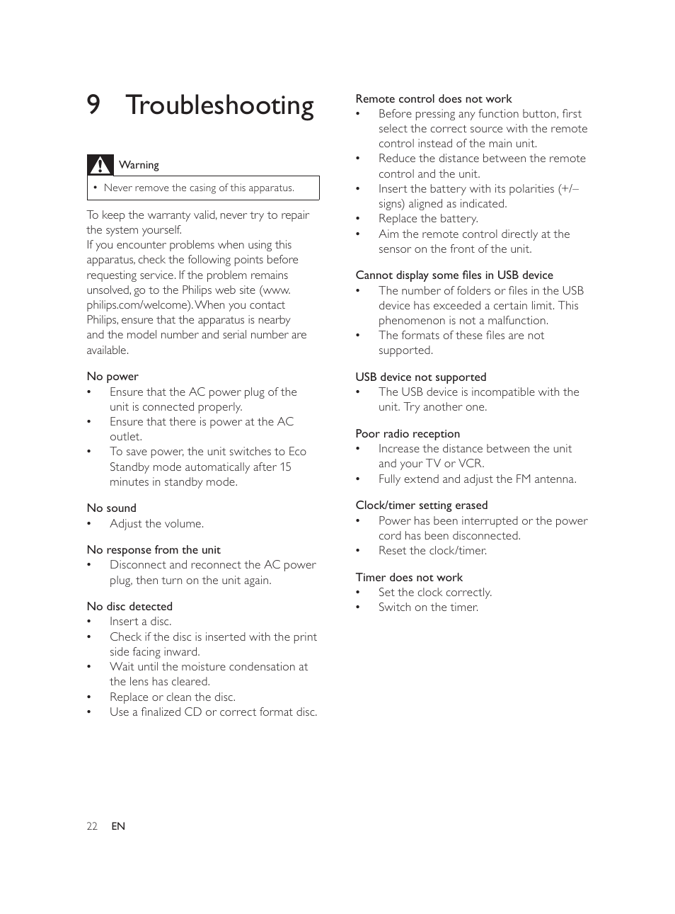 9 troubleshooting | Philips Élégante microchaîne User Manual | Page 21 / 180