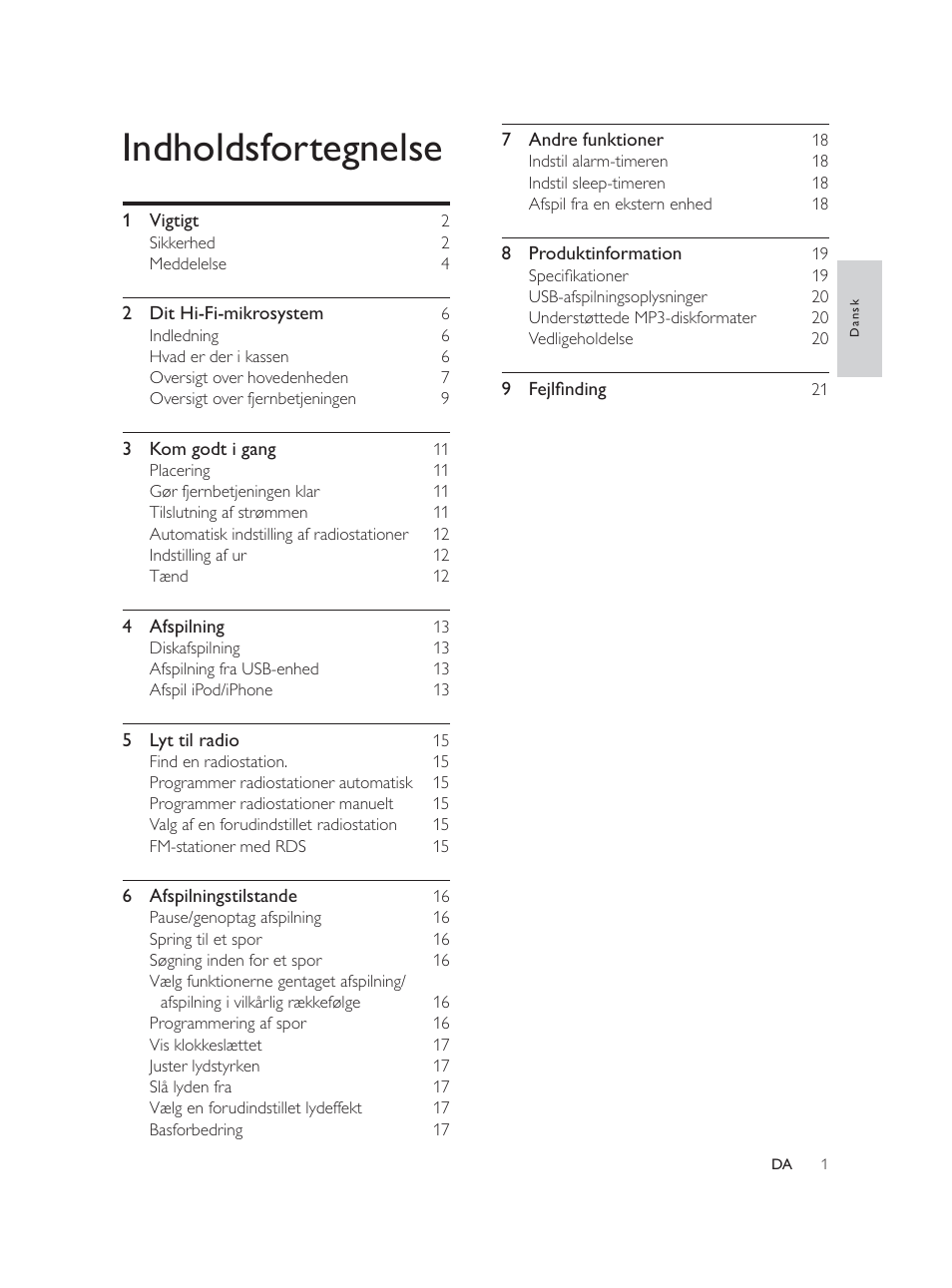 Indholdsfortegnelse | Philips Élégante microchaîne User Manual | Page 22 / 180
