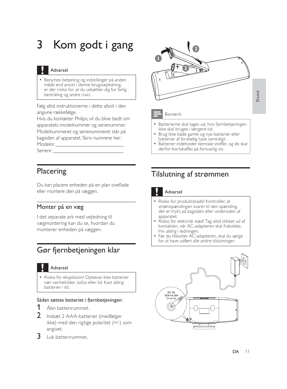 3 kom godt i gang, Tilslutning af strømmen, Placering | Gør fjernbetjeningen klar | Philips Élégante microchaîne User Manual | Page 32 / 180