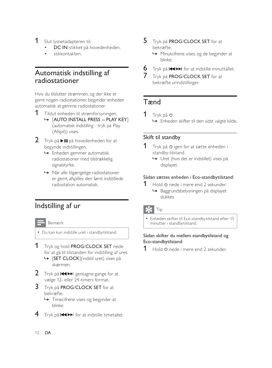 Tænd 1, Automatisk indstilling af radiostationer, Indstilling af ur | Philips Élégante microchaîne User Manual | Page 33 / 180