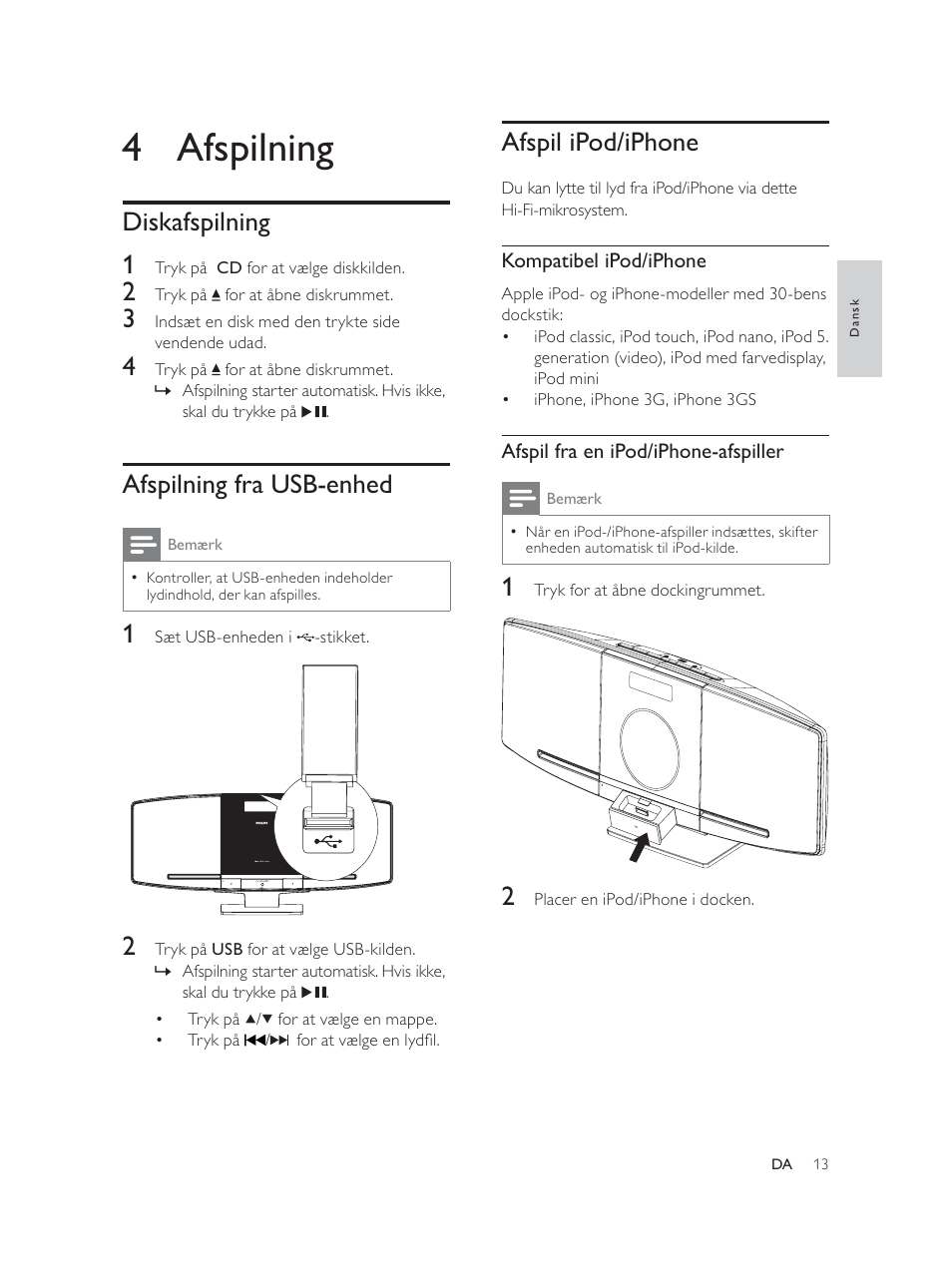 4 afspilning, Afspil ipod/iphone, Diskafspilning 1 | Afspilning fra usb-enhed | Philips Élégante microchaîne User Manual | Page 34 / 180