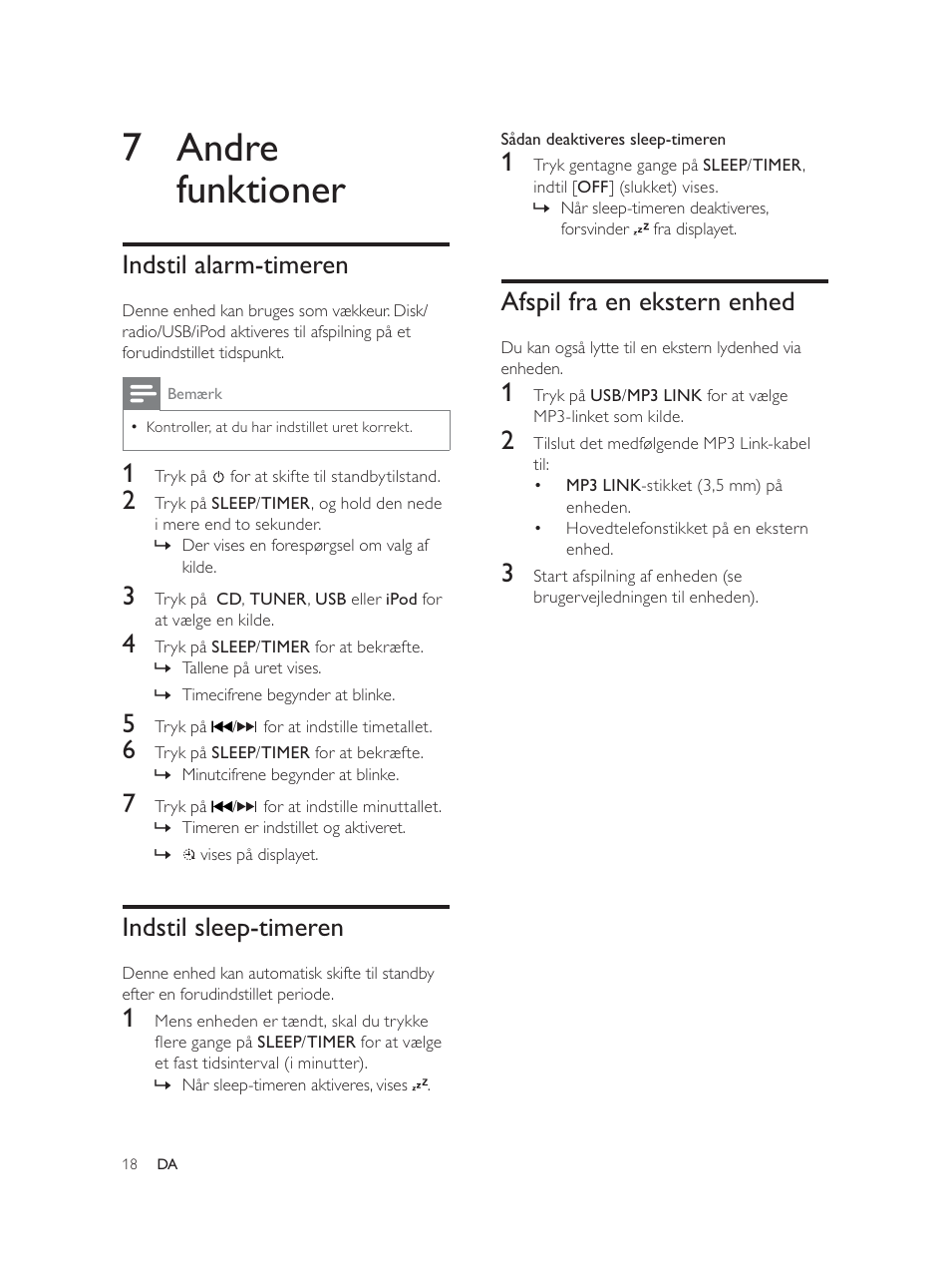 7 andre funktioner, Afspil fra en ekstern enhed, Indstil alarm-timeren | Indstil sleep-timeren | Philips Élégante microchaîne User Manual | Page 39 / 180