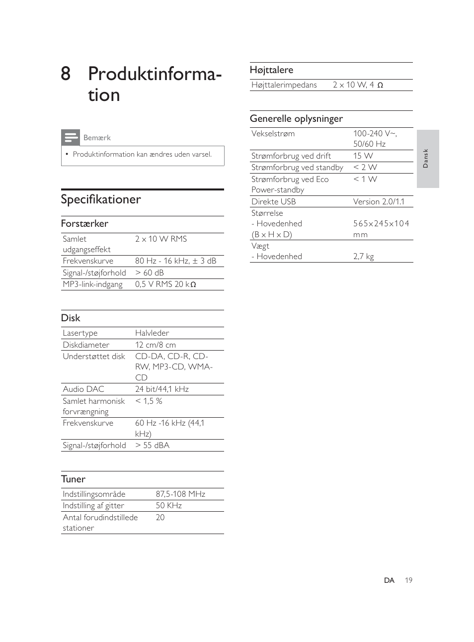 8 produktinforma- tion, 6shflàndwlrqhu | Philips Élégante microchaîne User Manual | Page 40 / 180