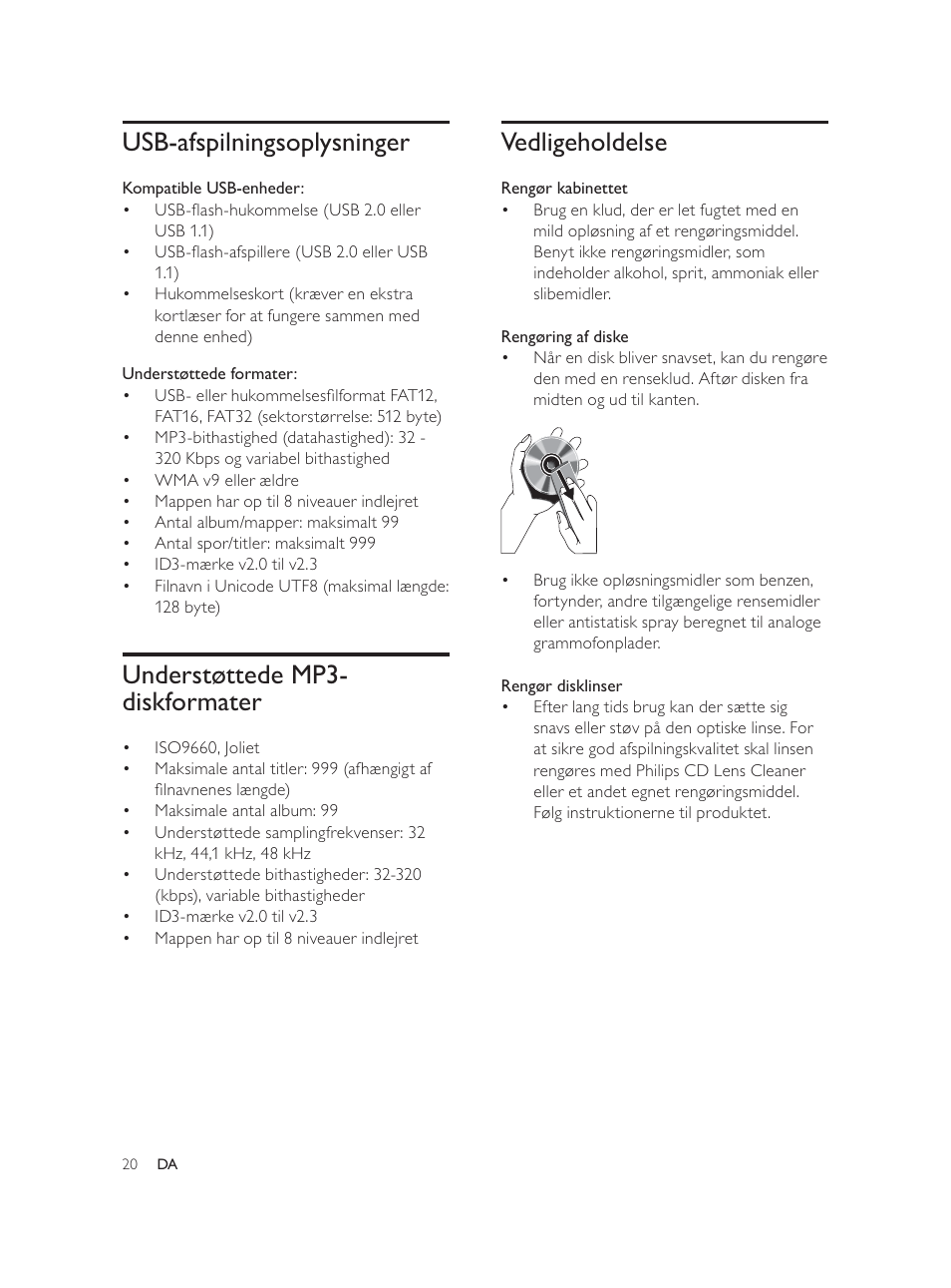 Vedligeholdelse, Usb-afspilningsoplysninger, Understøttede mp3- diskformater | Philips Élégante microchaîne User Manual | Page 41 / 180