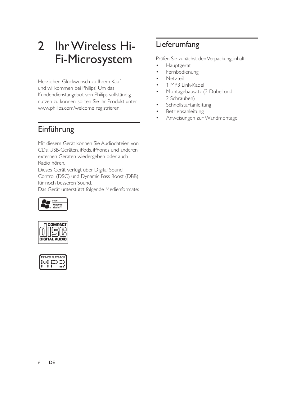 2 ihr wireless hi- fi-microsystem, Lieferumfang, Einführung | Philips Élégante microchaîne User Manual | Page 48 / 180