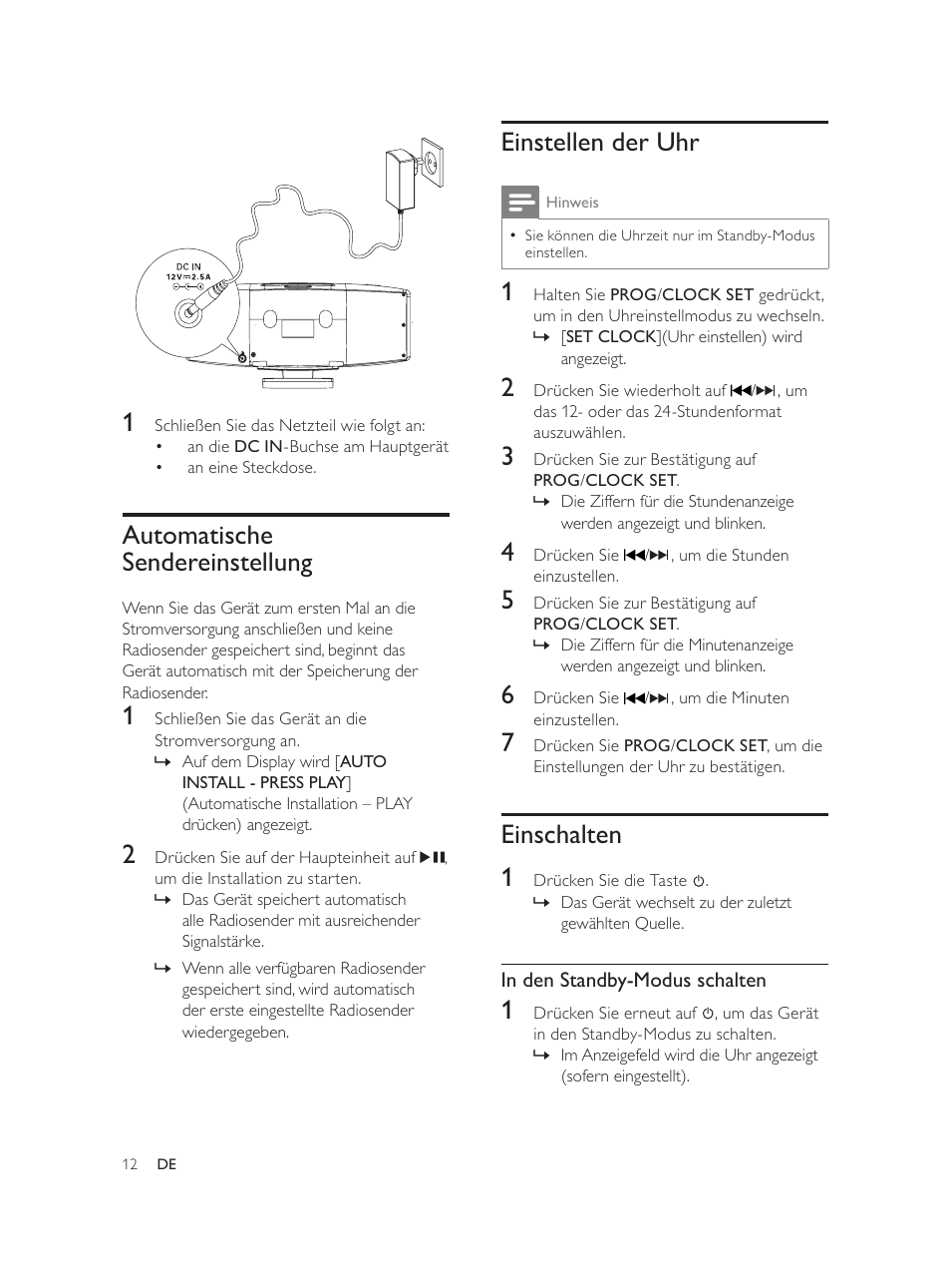 Einstellen der uhr, Einschalten 1, Automatische sendereinstellung | Philips Élégante microchaîne User Manual | Page 54 / 180