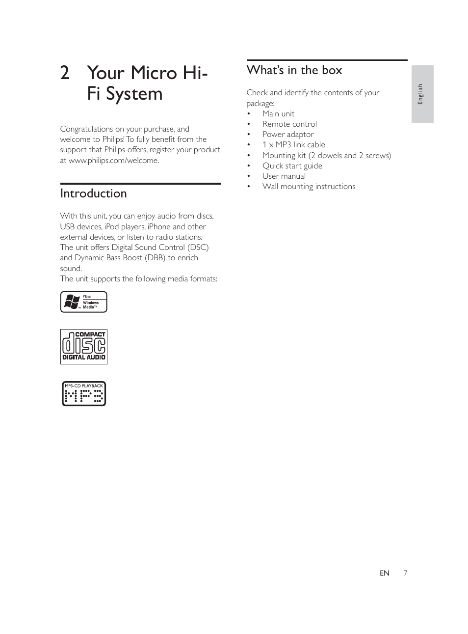 2 your micro hi- fi system, What’s in the box, Introduction | Philips Élégante microchaîne User Manual | Page 6 / 180